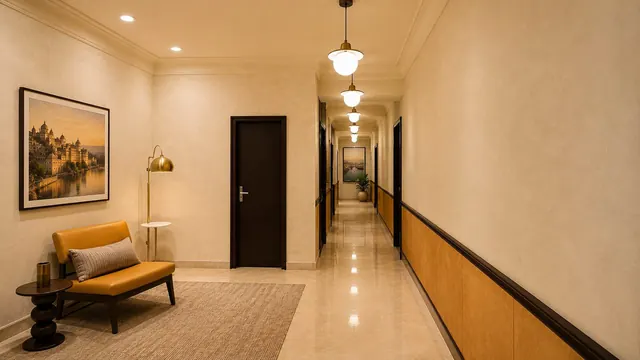 Guest corridor with warm lighting and room doors